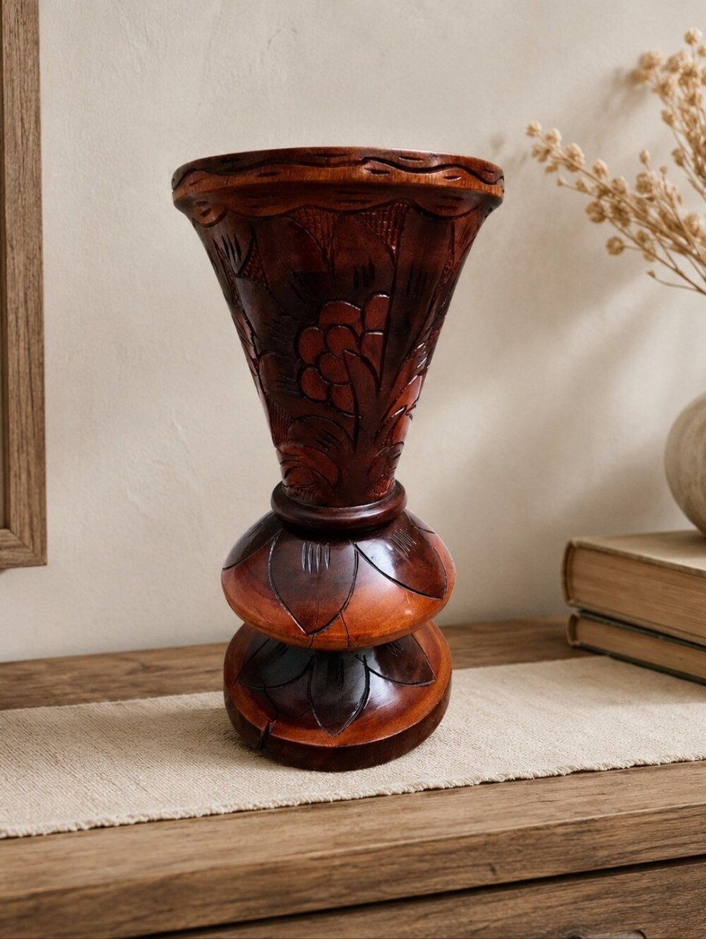 Hand-Carved Brown Wooden Accent Vase - Decorative Home Accent